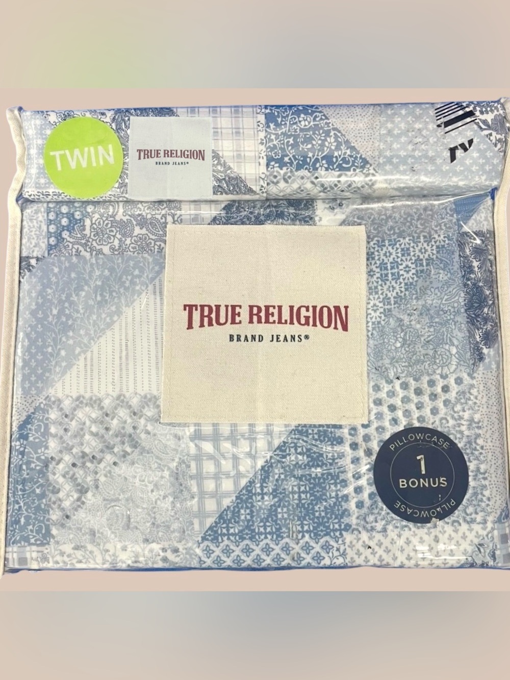 True Religion Quilt Patchwork-Like Blues White 4-pc Twin Sheet Set NEW NIP